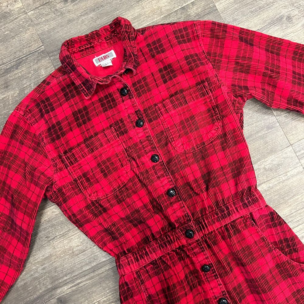 Vintage Fads Corduroy Red Buffalo Plaid Dress Women Size Medium Cotton 90's